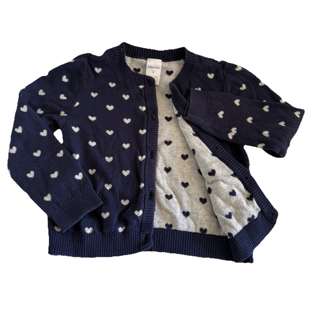 Toddler Girls 3T Cardigan Sweater‎ Button Up Hearts Navy Blue Gray Long Sleeve